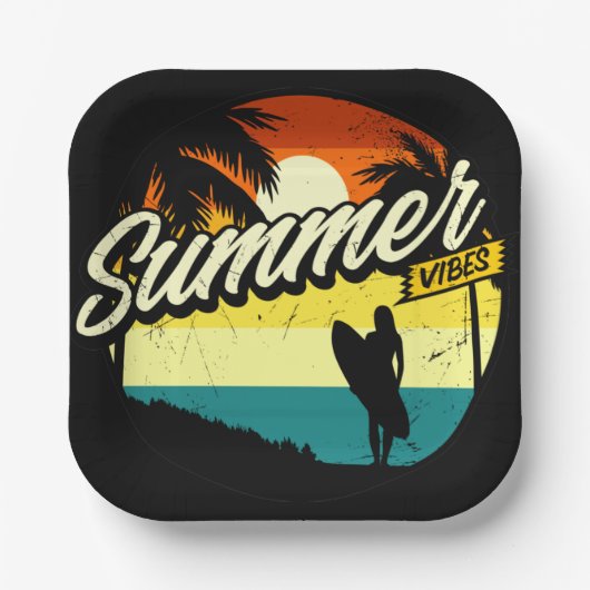 Summer Vibes Retro Silhouette Papieren Bordje (Voorkant)