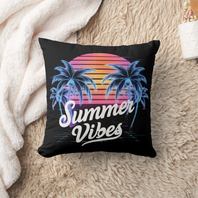 Summer Vibes Synthwave T-shirt – Neon Palm Tree Kussen (Deken)