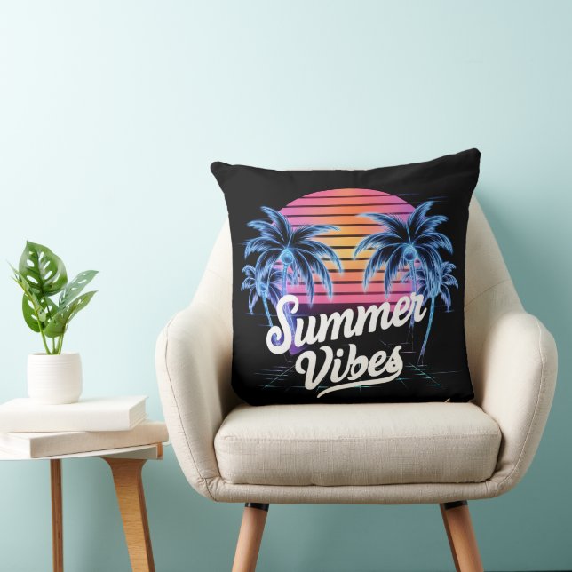 Summer Vibes Synthwave T-shirt – Neon Palm Tree Kussen (Stoel)