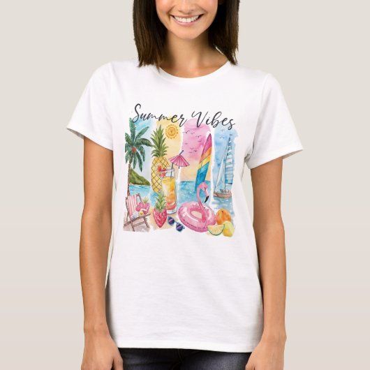 Summer Vibes Torn Collage - Retro Waterverf Beach T-shirt (Voorkant)