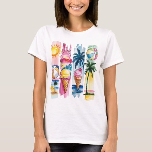 Summer Vibes Torn Collage - Retro Waterverf Beach T-shirt (Voorkant)