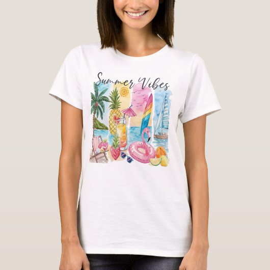 Summer Vibes Torn Collage - Retro Waterverf Beach T-shirt (Voorkant)