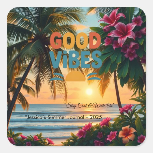 Summer Vibes Tropical Notitieboek Vierkante Sticker (Voorkant)