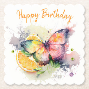 Summer Vibes Waterverf Butterfly - Happy Birthday Kartonnen Onderzetters