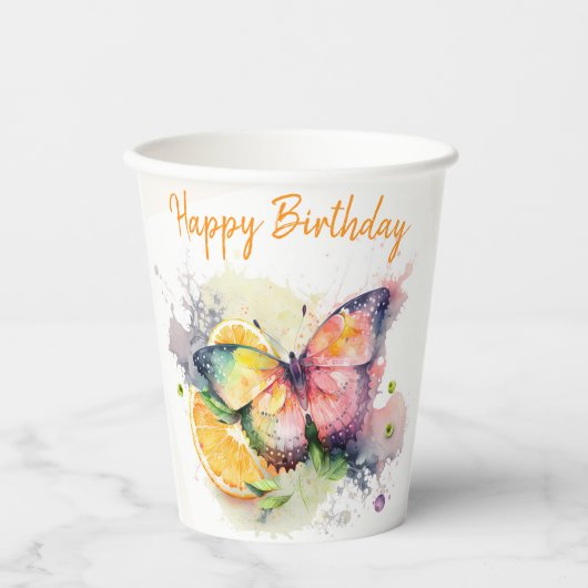 Summer Vibes Waterverf Butterfly - Happy Birthday Papieren Bekers (Voorkant)