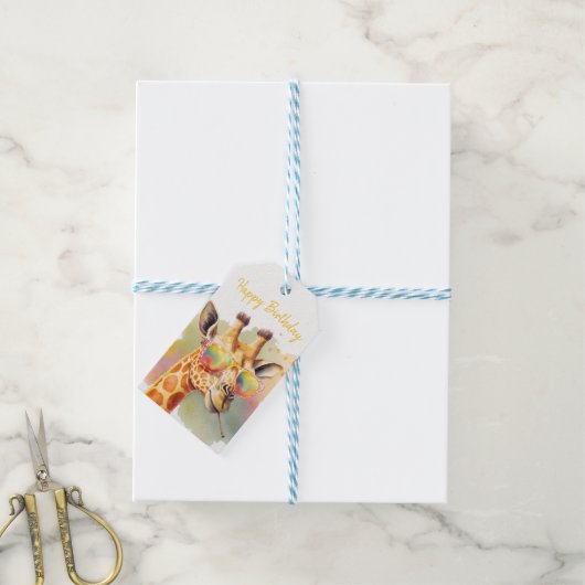 Summer Vibes Waterverf Giraffe - Happy Birthday Cadeaulabel (Met Touw)