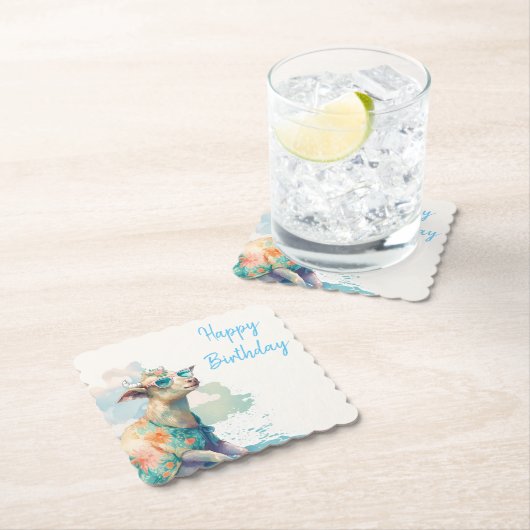 Summer Vibes Waterverf Goat - Happy Birthday Kartonnen Onderzetters (Insitu)