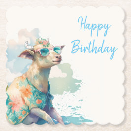Summer Vibes Waterverf Goat - Happy Birthday Kartonnen Onderzetters