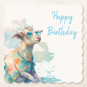 Summer Vibes Waterverf Goat - Happy Birthday Kartonnen Onderzetters