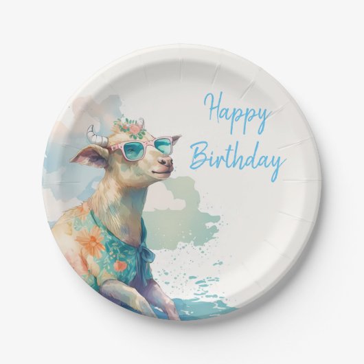 Summer Vibes Waterverf Goat - Happy Birthday Papieren Bordje (Voorkant)