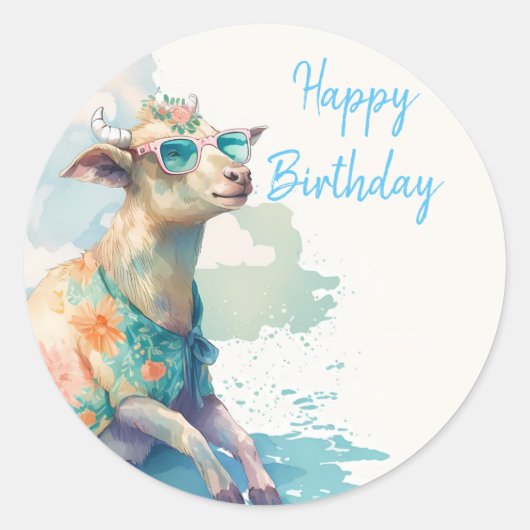 Summer Vibes Waterverf Goat - Happy Birthday Ronde Sticker (Voorkant)