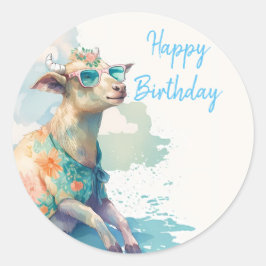 Summer Vibes Waterverf Goat - Happy Birthday Ronde Sticker