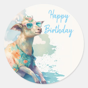 Summer Vibes Waterverf Goat - Happy Birthday Ronde Sticker