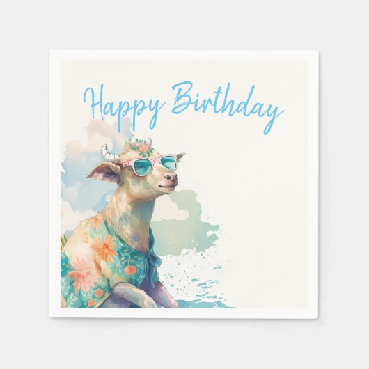Summer Vibes Waterverf Goat - Happy Birthday Servet (Voorkant)