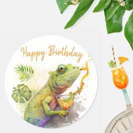 Summer Vibes Waterverf Kameleon - Happy Birthday Ronde Sticker