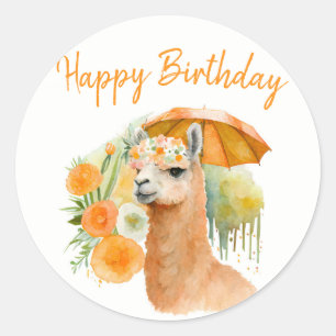 Summer Vibes Waterverf Llama - Happy Birthday Ronde Sticker