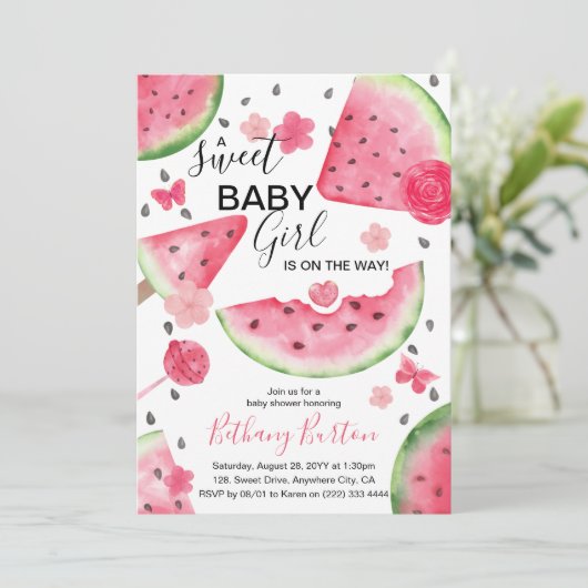 Summer Watermelon "A Sweet Baby" Baby shower Kaart (Staand voorkant)