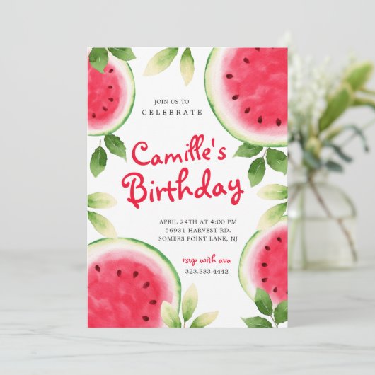 Summer Watermelon Birthday Invitation Kaart (Staand voorkant)