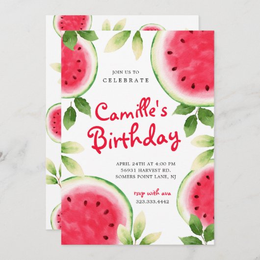 Summer Watermelon Birthday Invitation Kaart (Voorkant / Achterkant)