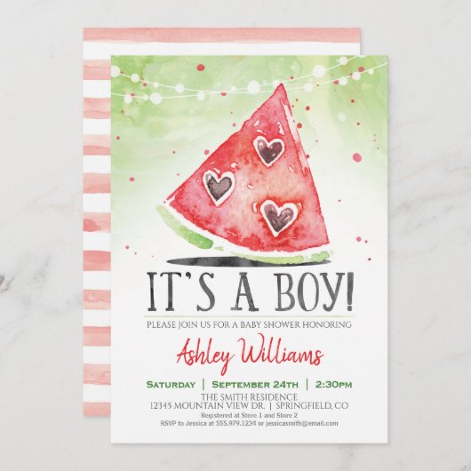 Summer Watermelon Boy Baby shower Invitation Kaart (Voorkant / Achterkant)