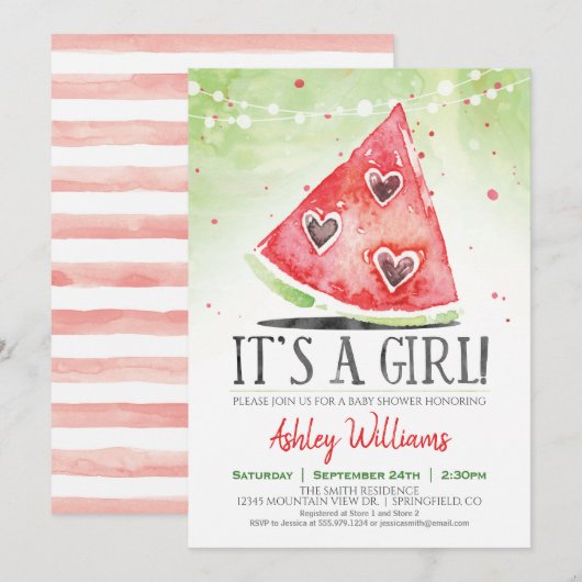 Summer Watermelon Girl Baby shower Invitation Kaart (Voorkant / Achterkant)