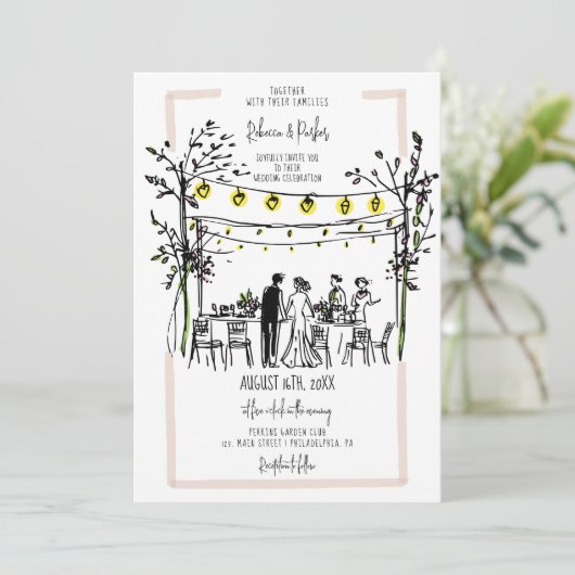 Summer Wedding hand getekende foto en Qr-code Kaart (Staand voorkant)