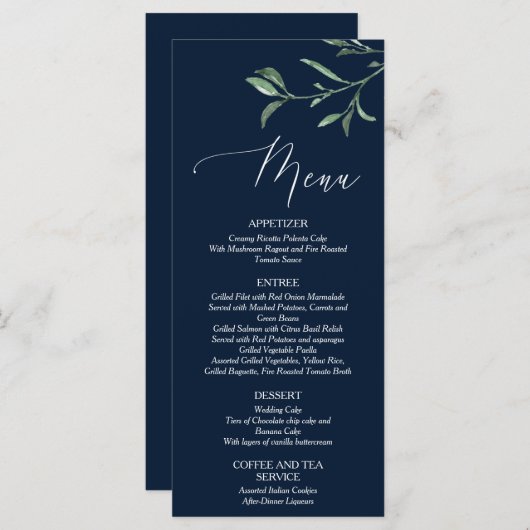 Summer Wedding Navy Blue Foliage Menu Card (Voorkant / Achterkant)