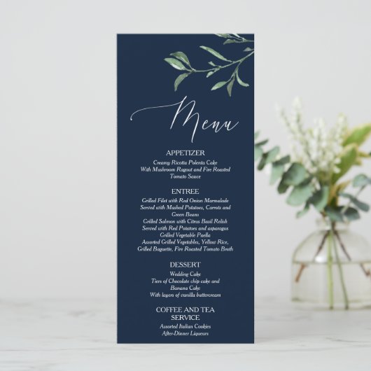 Summer Wedding Navy Blue Foliage Menu Card (Staand voorkant)