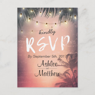 Summer Wedding String Lights Palm Tree RSVP Antwoo Uitnodiging Briefkaart