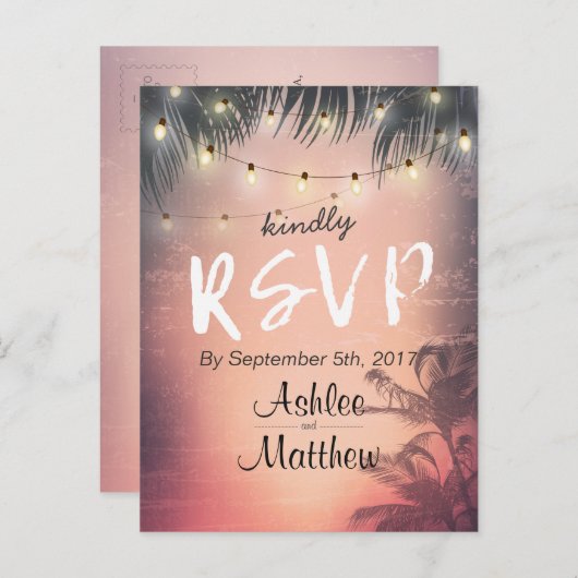 Summer Wedding String Lights Palm Tree RSVP Antwoo Uitnodiging Briefkaart (Voorkant / Achterkant)
