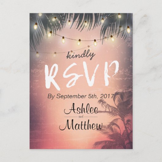 Summer Wedding String Lights Palm Tree RSVP Antwoo Uitnodiging Briefkaart (Voorkant)