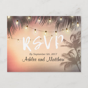 Summer Wedding String Lights Palm Tree RSVP Antwoo Uitnodiging Briefkaart