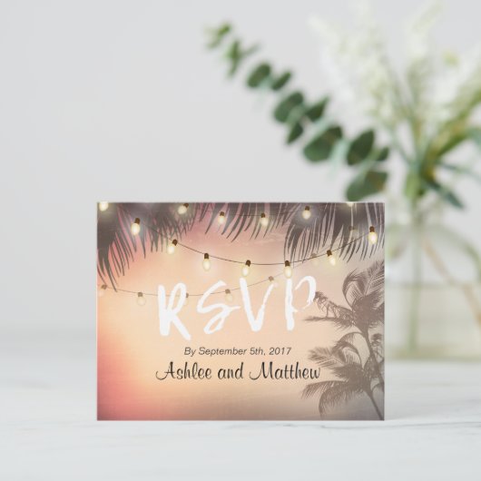 Summer Wedding String Lights Palm Tree RSVP Antwoo Uitnodiging Briefkaart (Staand voorkant)