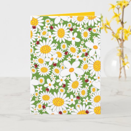 Summer White Daisies en Red Ladybugs Whimsical Kaart (Gele Bloem)