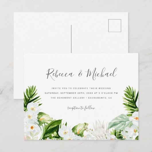 Summer White Flowers & Waterverf Greenery Wedding Uitnodiging Briefkaart (Voorkant / Achterkant)