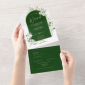 Summer White Roses Emerald Green Arch Wedding All In One Uitnodiging (Afscheurbaar)