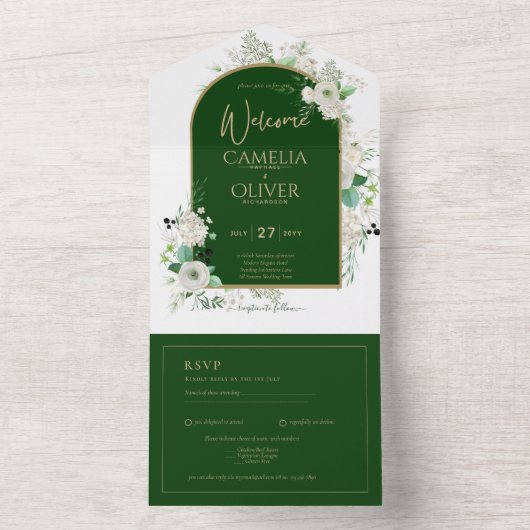 Summer White Roses Emerald Green Arch Wedding All In One Uitnodiging (Binnen)