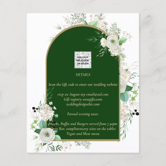 Summer White Roses Emerald Green Arch Wedding Flyer (Achterkant)