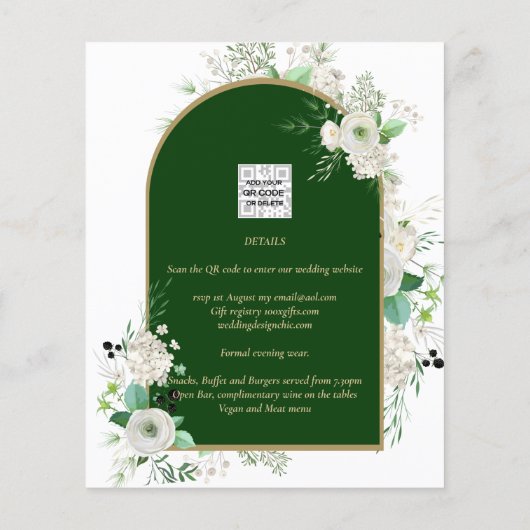 Summer White Roses Emerald Green Arch Wedding Flyer (Achterkant)