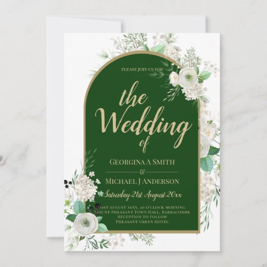 Summer White Roses Emerald Green Arch Wedding Kaart (Voorkant)