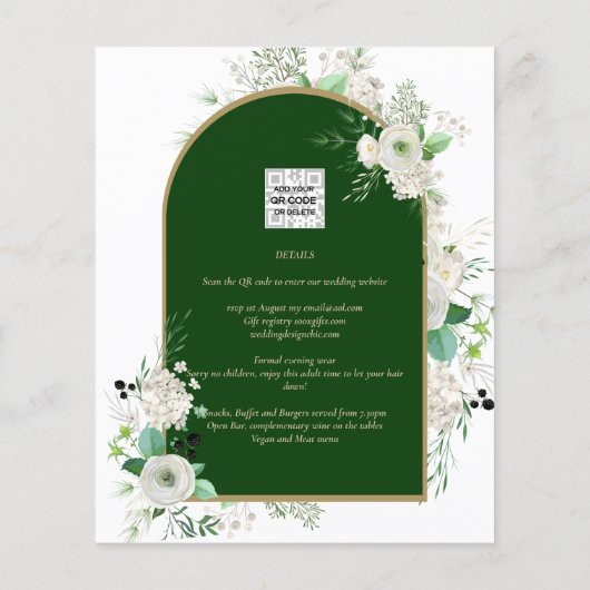 Summer White Roses Emerald Greenery Wedding Flyer (Achterkant)