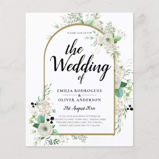 Summer White Roses Emerald Greenery Wedding Flyer (Voorkant)
