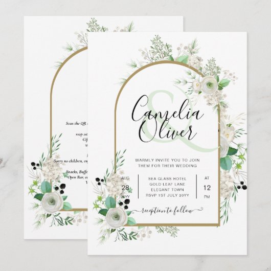 Summer White Roses Emerald Greenery Wedding Kaart (Voorkant / Achterkant)