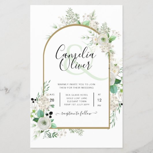 Summer White Roses Emerald Sage Greenery WEDDING Flyer (Voorkant)