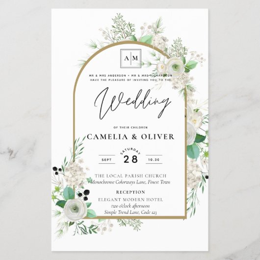 Summer White Roses Emerald Sage Greenery WEDDING Flyer (Voorkant)