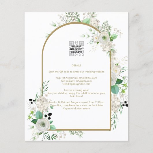 Summer White Roses Emerald Sage Greenery WEDDING Flyer (Achterkant)
