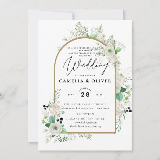 Summer White Roses Emerald Sage Greenery WEDDING Kaart (Voorkant)