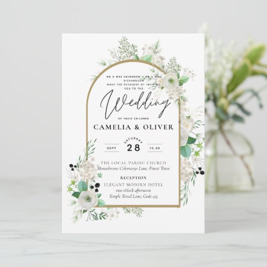 Summer White Roses Emerald Sage Greenery WEDDING Kaart (Staand voorkant)