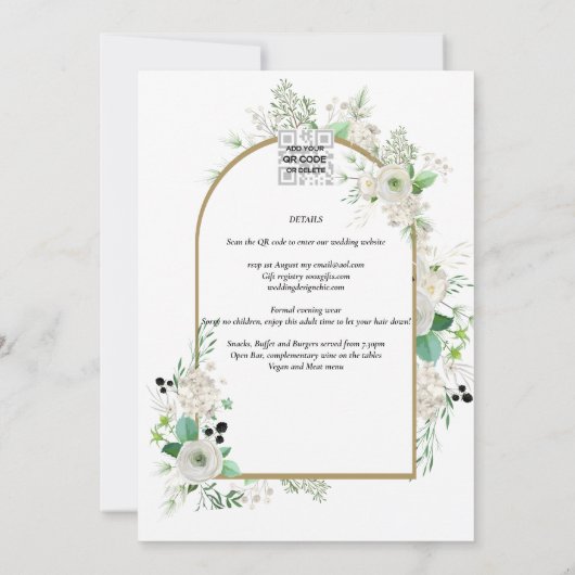 Summer White Roses Emerald Sage Greenery WEDDING Kaart (Achterkant)