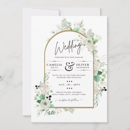 Summer White Roses Emerald Sage Greenery WEDDING Kaart (Voorkant)